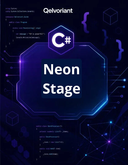 Digital cover graphic for a C# (Csharp) 'Neon Stage' course or resource by Qelvoriant, featuring a glowing neon blue and purple hexagonal frame with white text on a dark tech-themed background with circuit board patterns and code snippets.