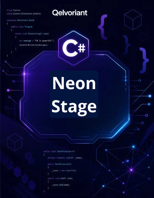 Digital cover graphic for a C# (Csharp) 'Neon Stage' course or resource by Qelvoriant, featuring a glowing neon blue and purple hexagonal frame with white text on a dark tech-themed background with circuit board patterns and code snippets.