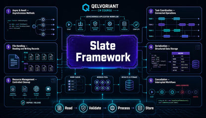 A digital infographic titled 'Slate Framework' by Qelvoriant C&R Course, displaying a dark blue and black workflow diagram with glowing neon blue and purple accents, illustrating application workflow steps from Awaits & Alerts to Deployment.