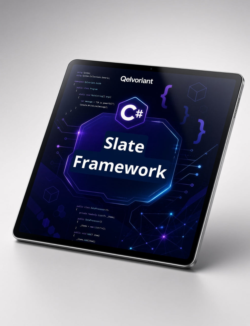 A tablet device shown at an angle on a light gray background, displaying a dark blue and purple interface with the text 'C# Slate Framework' and the brand name 'Qelvoriant.