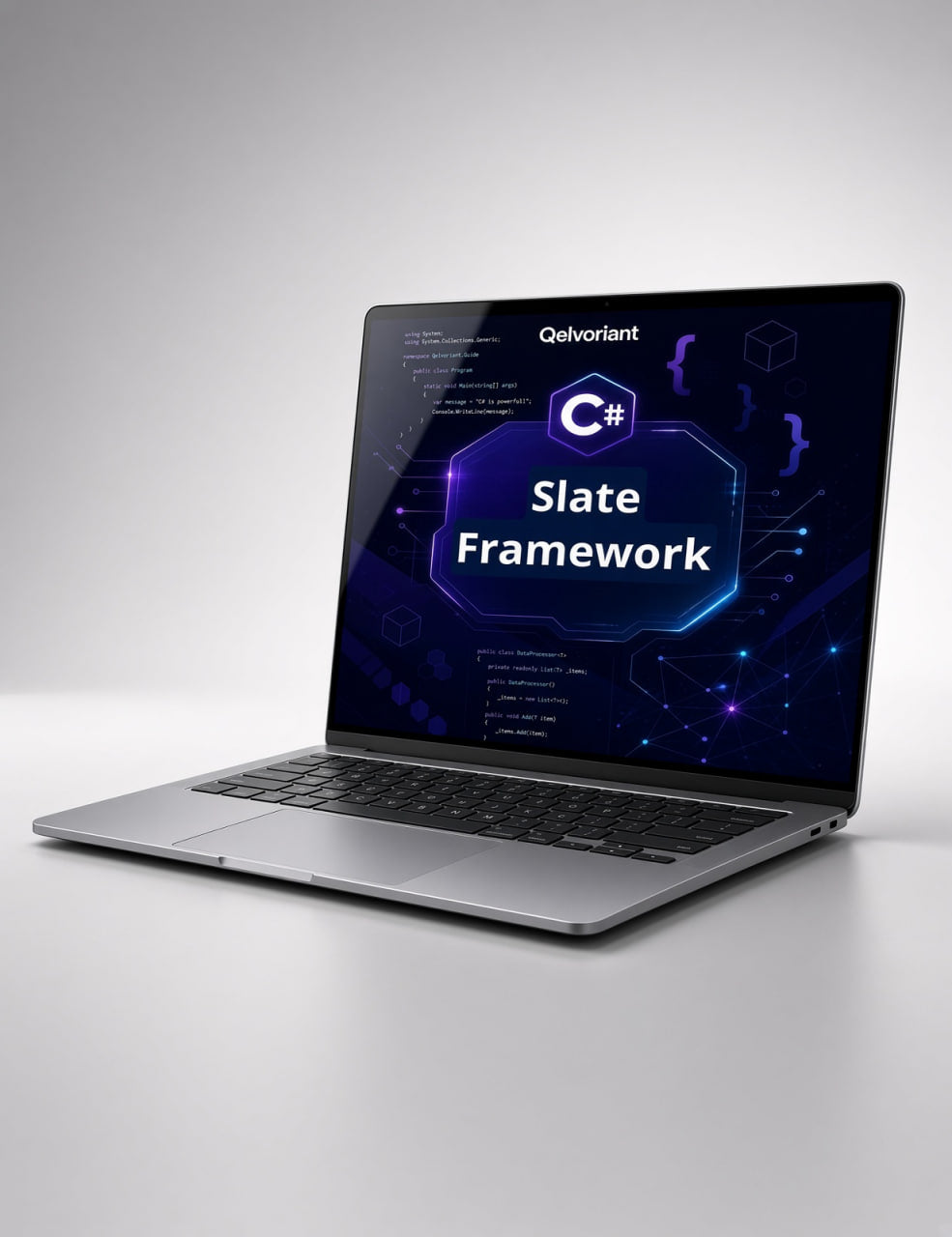 A silver laptop shown open on a light gray studio background, with the screen displaying a dark blue and purple interface that reads 'C# Slate Framework' and the word 'Qelvoriant' near the top.