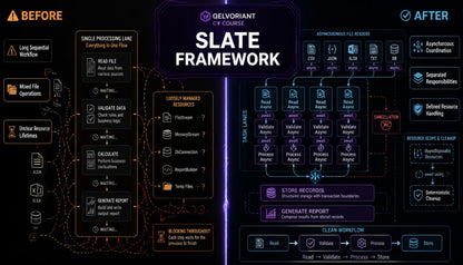 A dark-themed infographic titled 'SLATE FRAMEWORK' with 'BEFORE' and 'AFTER' sections, showing a workflow diagram with icons and labels in purple, orange, and white on a black background.