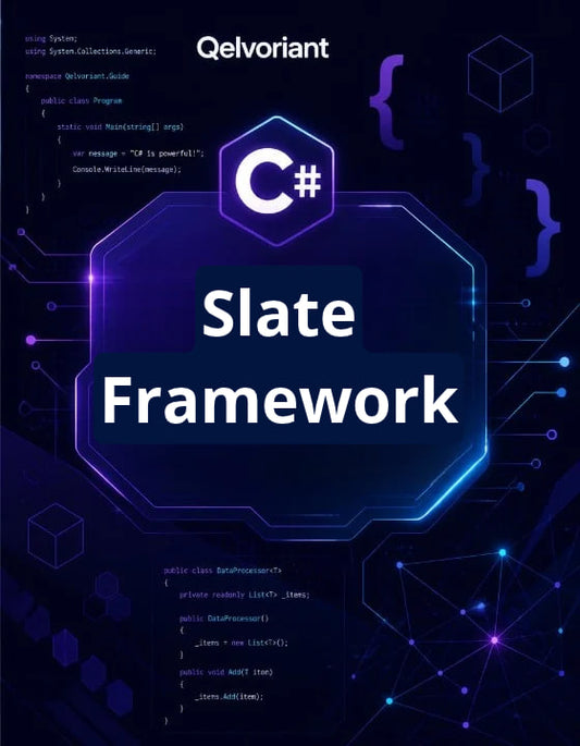 Digital cover graphic for a C# Slate Framework guide or resource by Qelvoriant, featuring a dark blue and purple tech-themed design with code snippets and a prominent C# logo.
