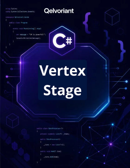 A digital cover graphic for 'Vertex Stage' by Qelvoriant, featuring a dark blue and purple tech theme with C# code snippets, a central hexagonal frame, and a C# logo.