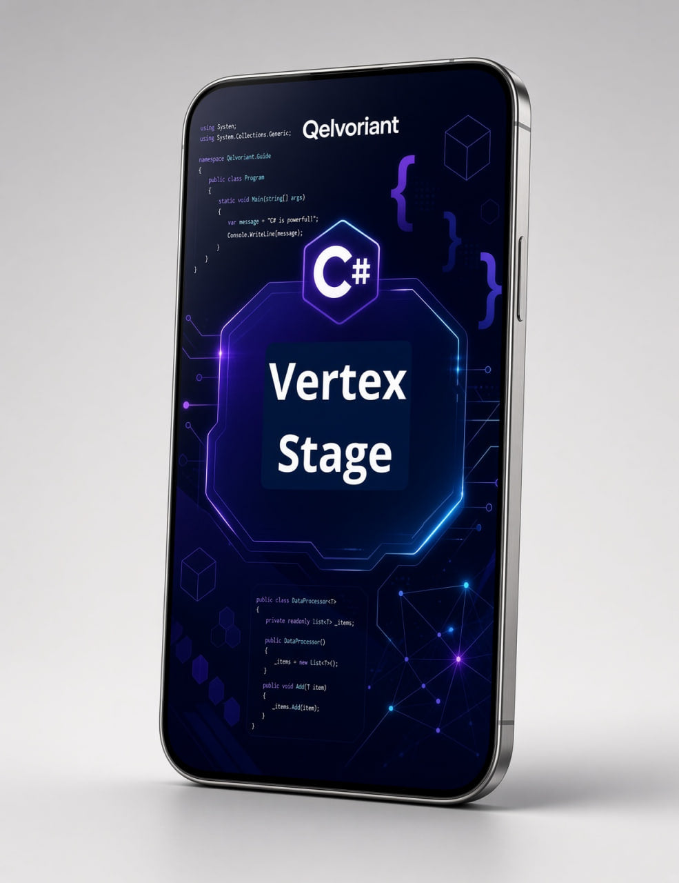 A smartphone shown upright at a slight angle on a light gray background, displaying a dark blue and purple app interface with the text 'Qelvoriant' and 'Vertex Stage' along with C# code graphics.