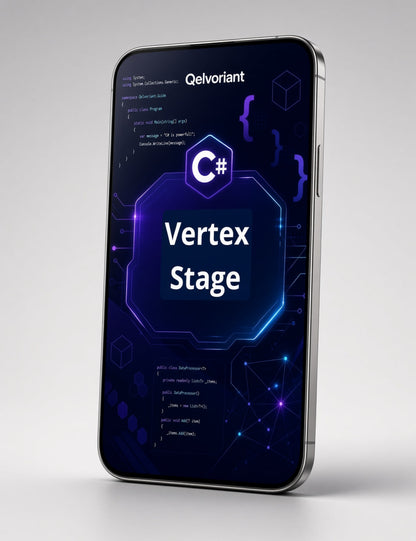 A smartphone shown upright at a slight angle on a light gray background, displaying a dark blue and purple app interface with the text 'Qelvoriant' and 'Vertex Stage' along with C# code graphics.