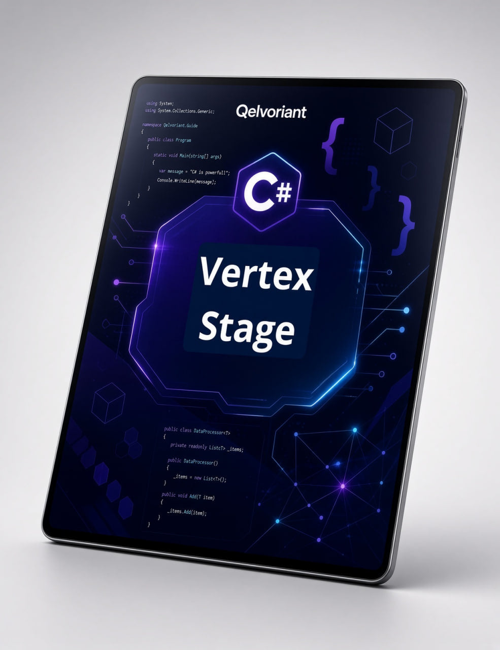 A tablet device shown at an angle on a light gray background, displaying a dark blue and purple digital cover with the text 'Qelvoriant', 'C#', and 'Vertex Stage'.