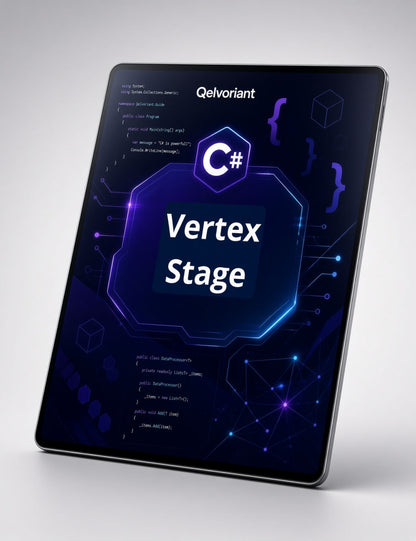 A tablet device shown at an angle on a light gray background, displaying a dark blue and purple digital cover with the text 'Qelvoriant', 'C#', and 'Vertex Stage'.