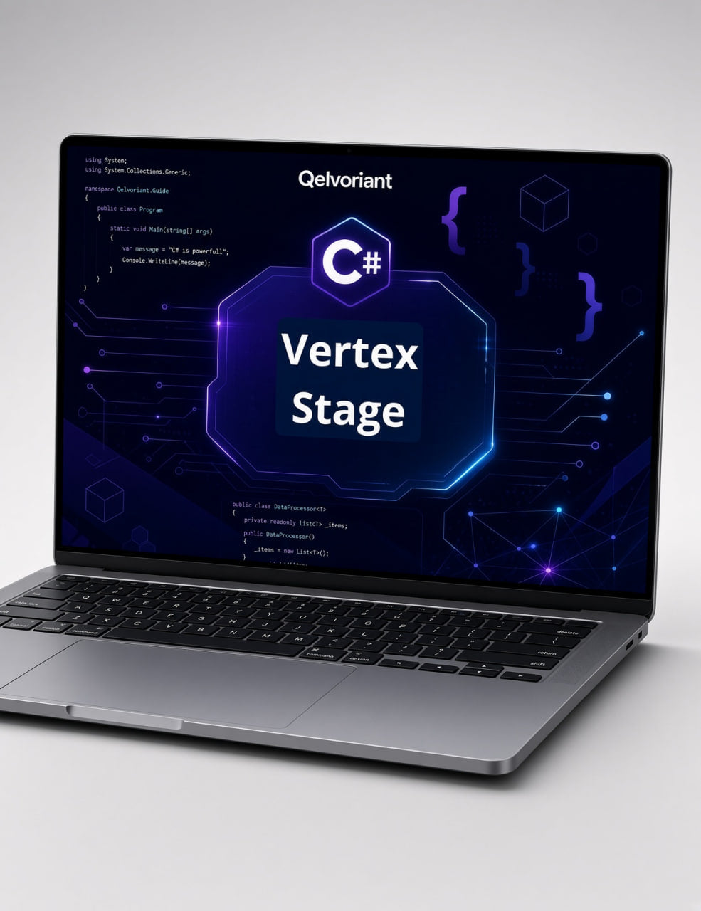 A silver laptop open and angled on a light gray background, displaying a dark blue and purple C# Vertex Stage graphic on the screen. The word 'Qelvoriant' is visible near the top of the display.